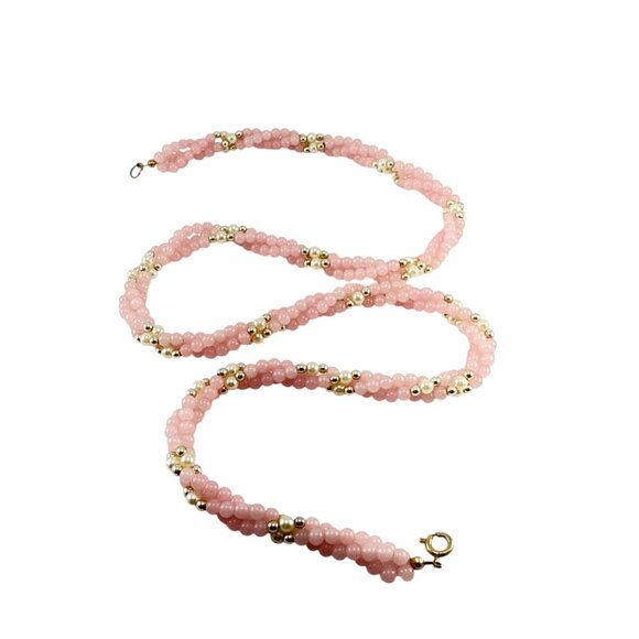 Pink Beaded Twisted Necklace with Gold Tone Accents Handmade Jewelry - Picture 4 of 7